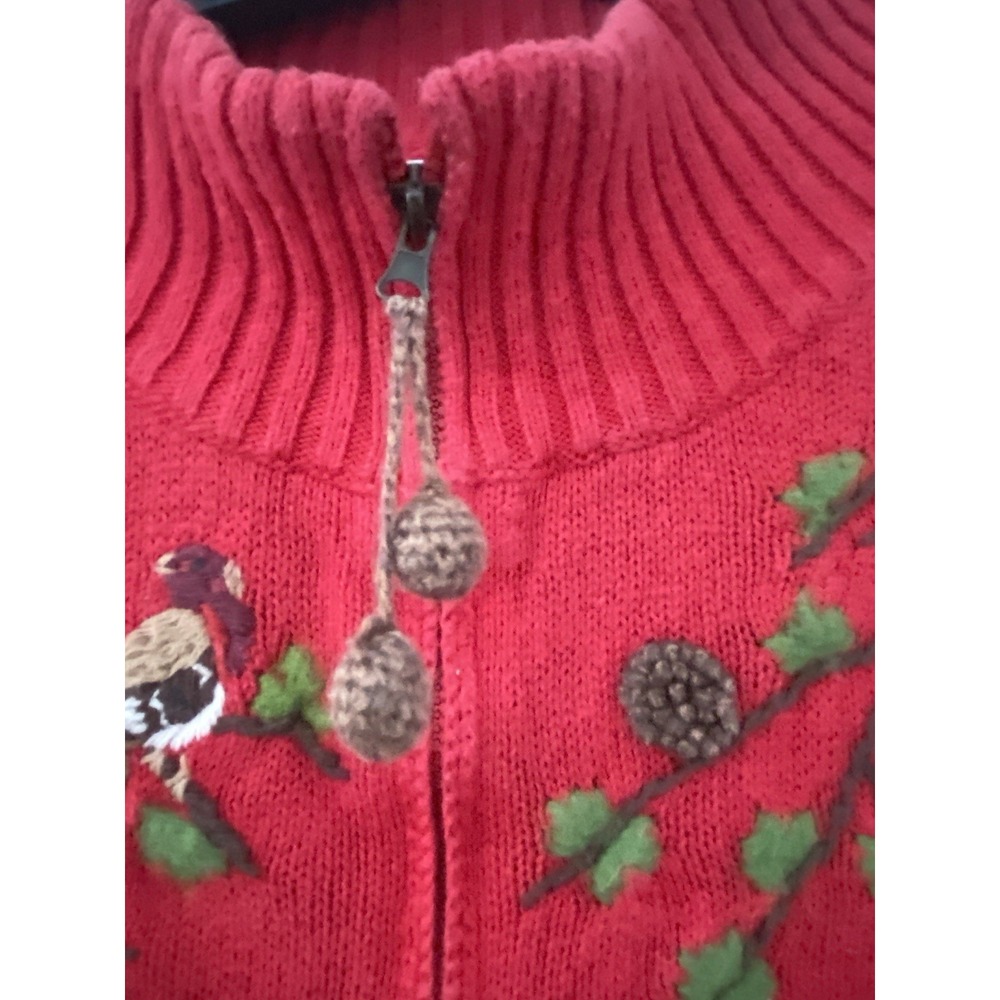 Coldwater Creek Birds & Pine Cones Cardigan Sweater Size 1X Red Embroidered Zip - Picture 3 of 6